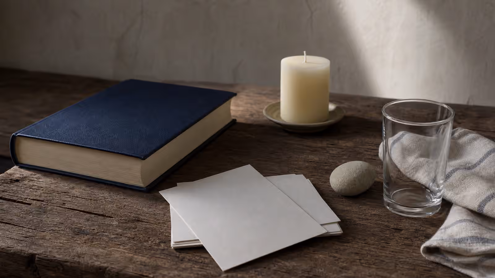 A restrained Jewish fast day still life with blank date cards, closed prayer book, empty glass, smooth stone, and an unlit candle.