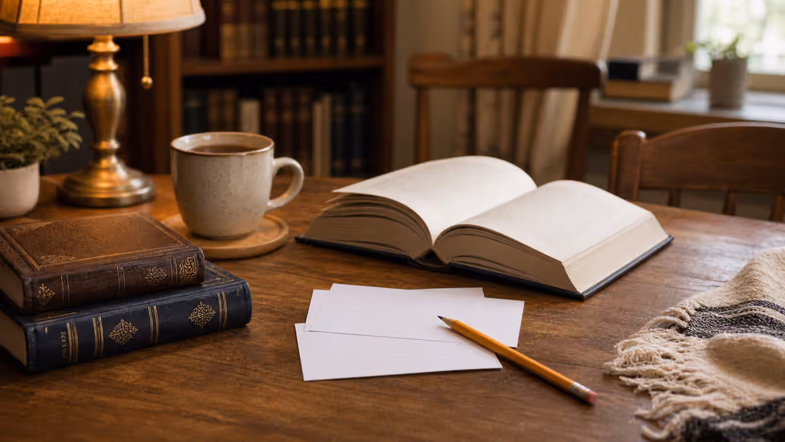 A warm Jewish study table with open book, closed volumes, blank note cards, pencil, tea, tallit edge, and empty chair.