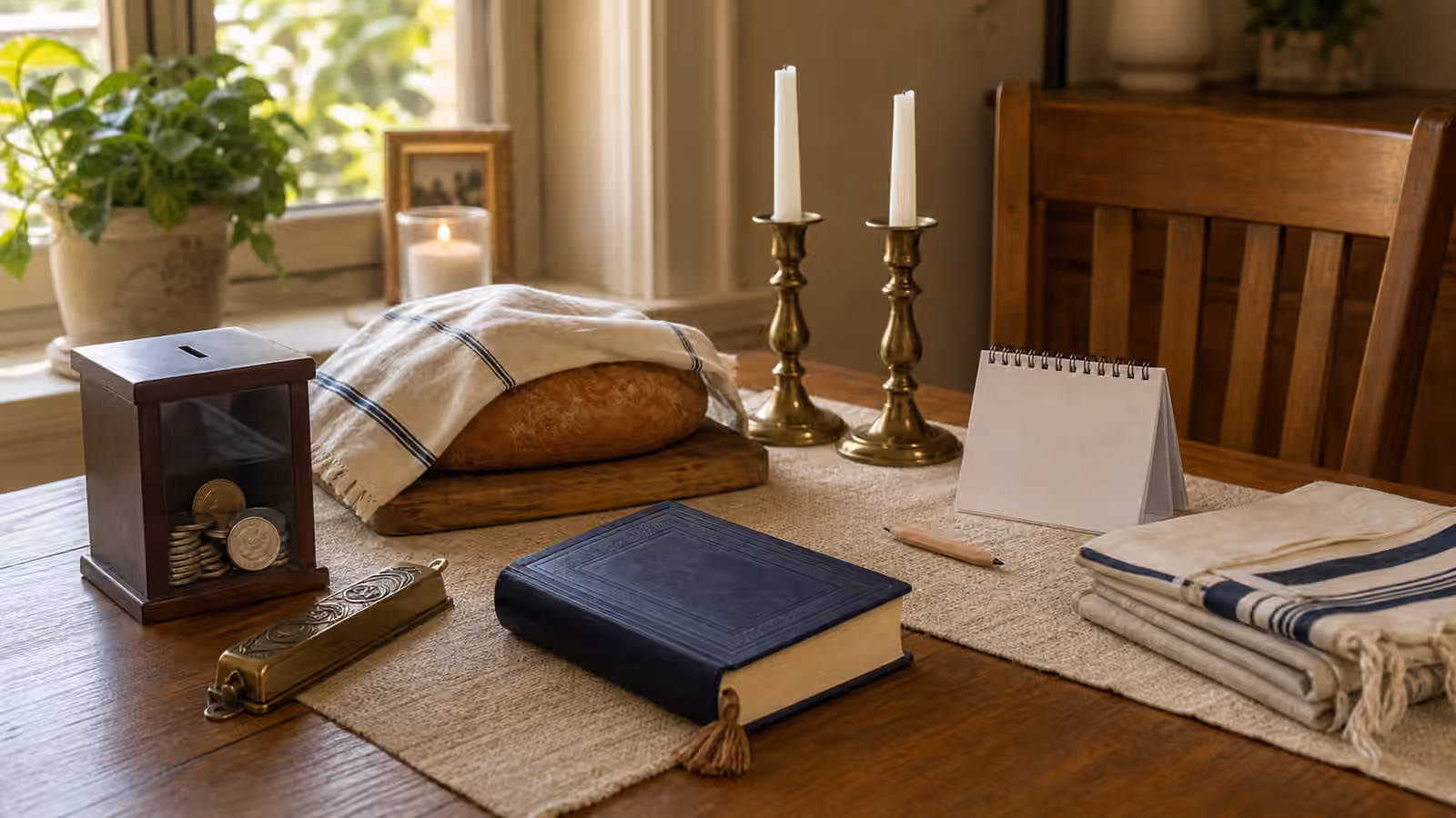A Jewish practice table with tzedakah box, covered bread, candlesticks, prayer book, folded cloth, and blank calendar.