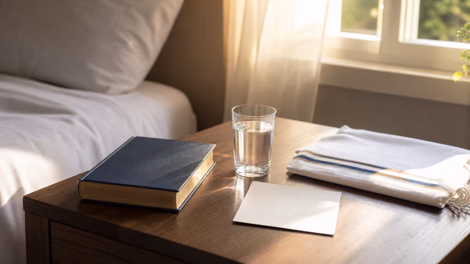 A morning bedside table with a closed prayer book, glass of water, folded cloth, blank note card, and soft first light.