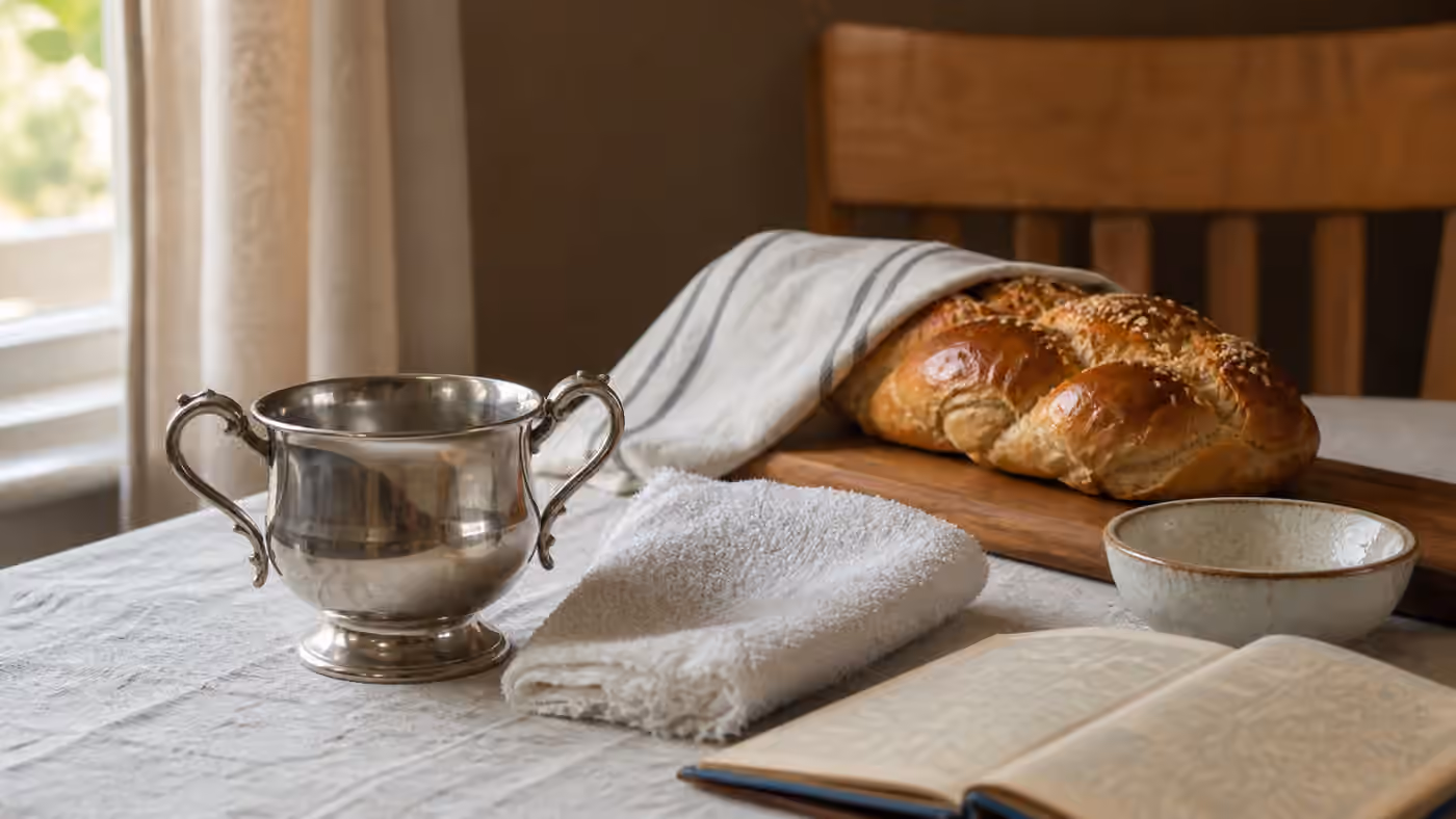 A two-handled washing cup beside a folded towel, covered challah, and a quiet bread table.