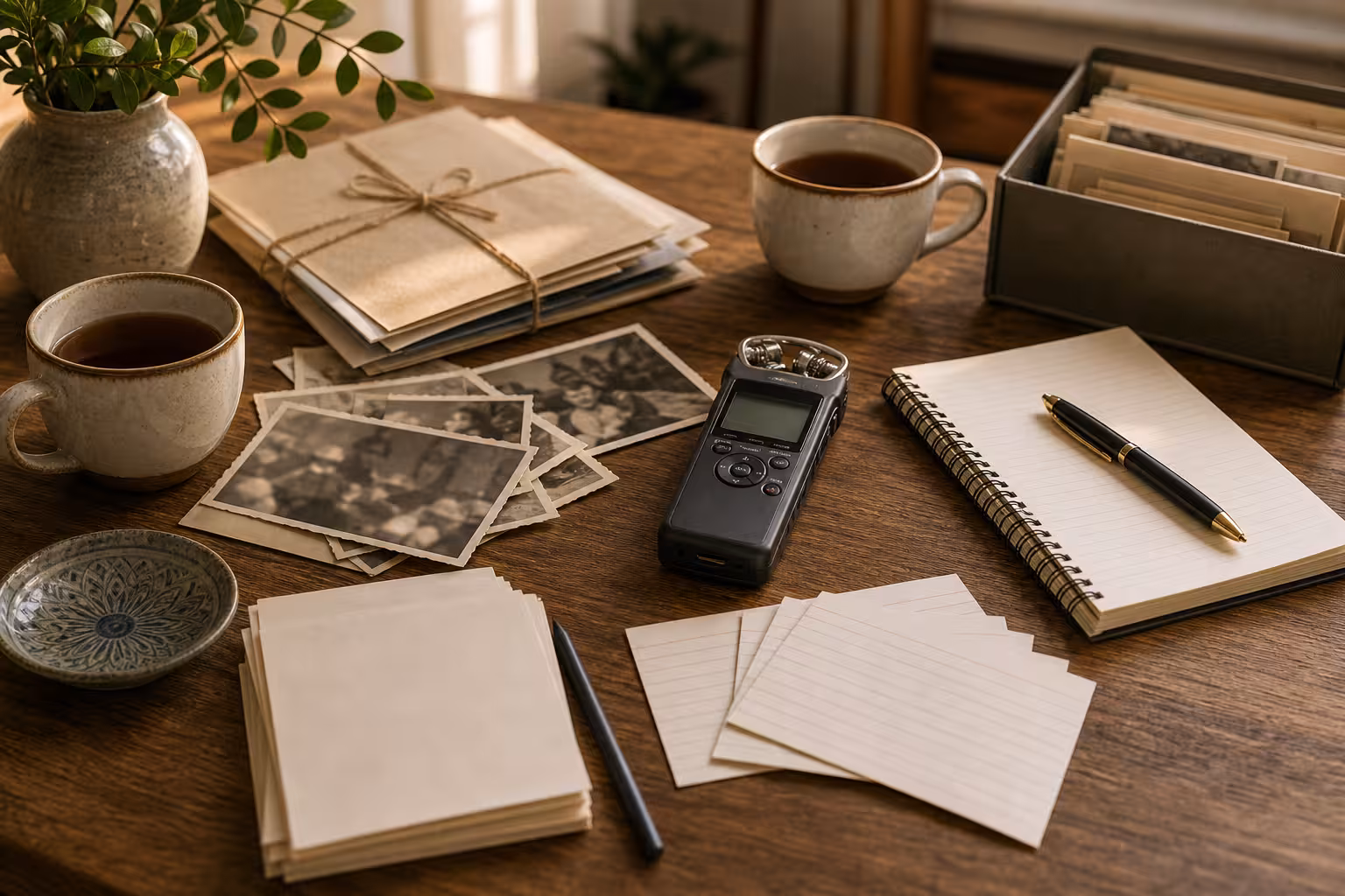 An oral history preparation desk with audio recorder, blank interview question cards, blurred family photos, tea cups, and unreadable archival envelopes