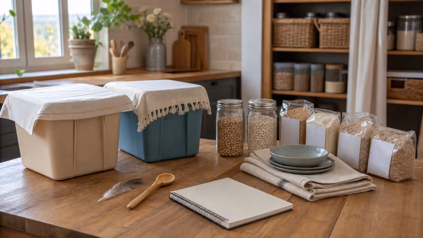 A calm Passover preparation table with covered bins, pantry items, dishes, feather, spoon, and notebook.