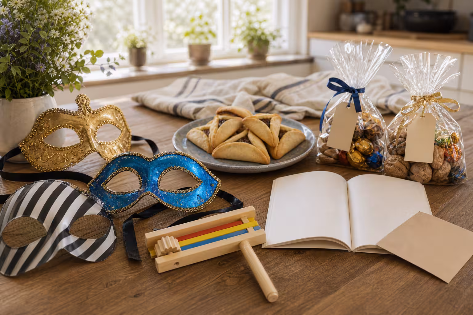 A Purim preparation table with costume masks, a noisemaker, triangular pastries, sealed food gifts with blank tags, charity envelope, and blank booklet