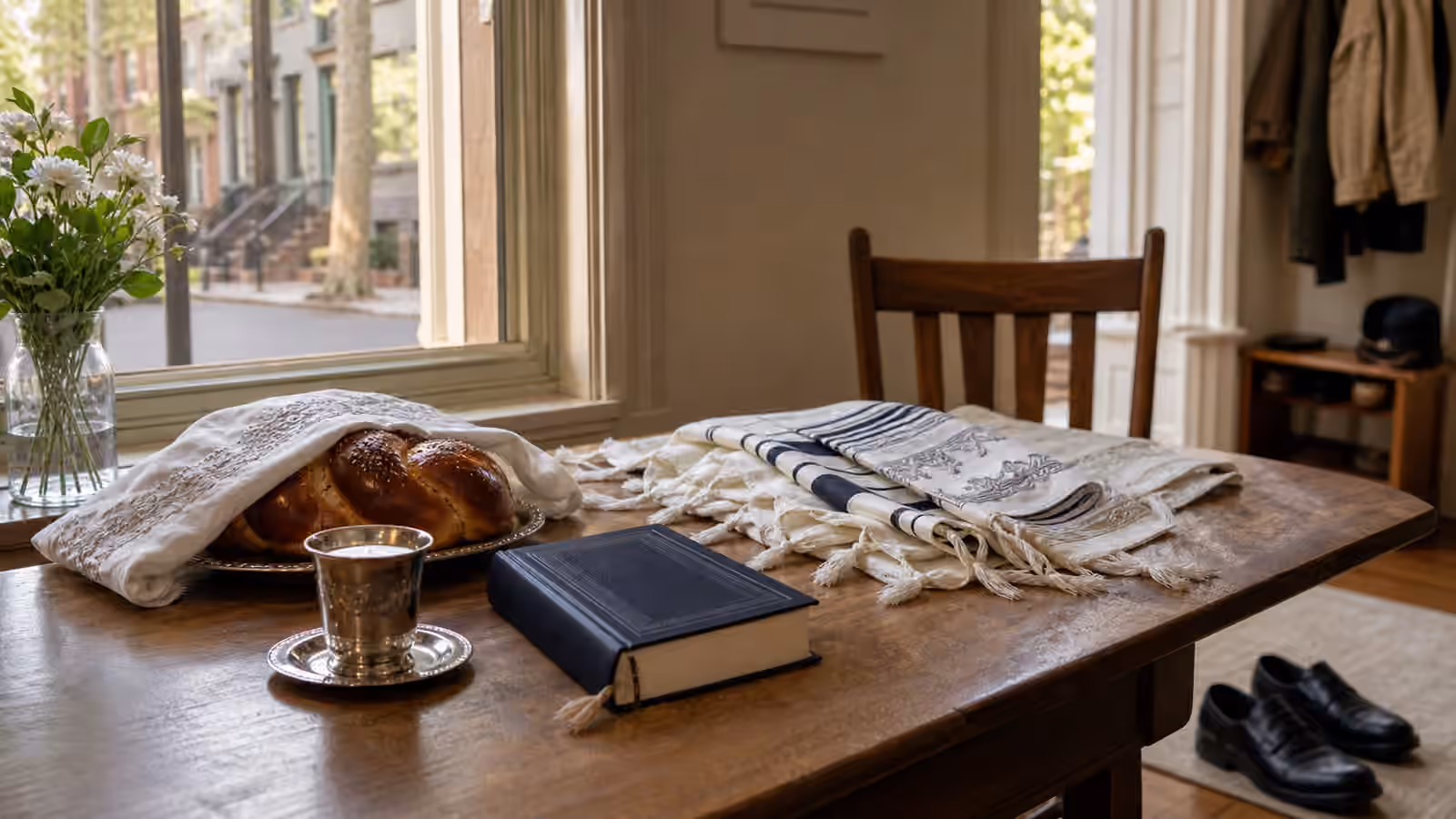 A Shabbat morning table with challah, tallit, prayer book, cup, and walking shoes.