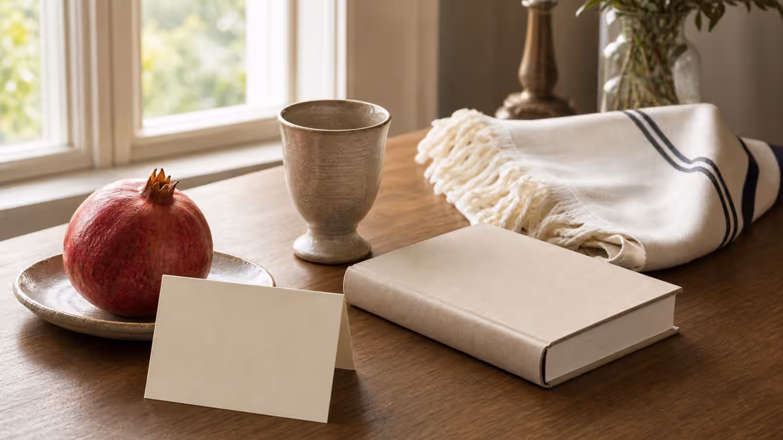 A quiet Shehecheyanu table with a new seasonal fruit, closed prayer book, cup, folded cloth, and blank celebration card.