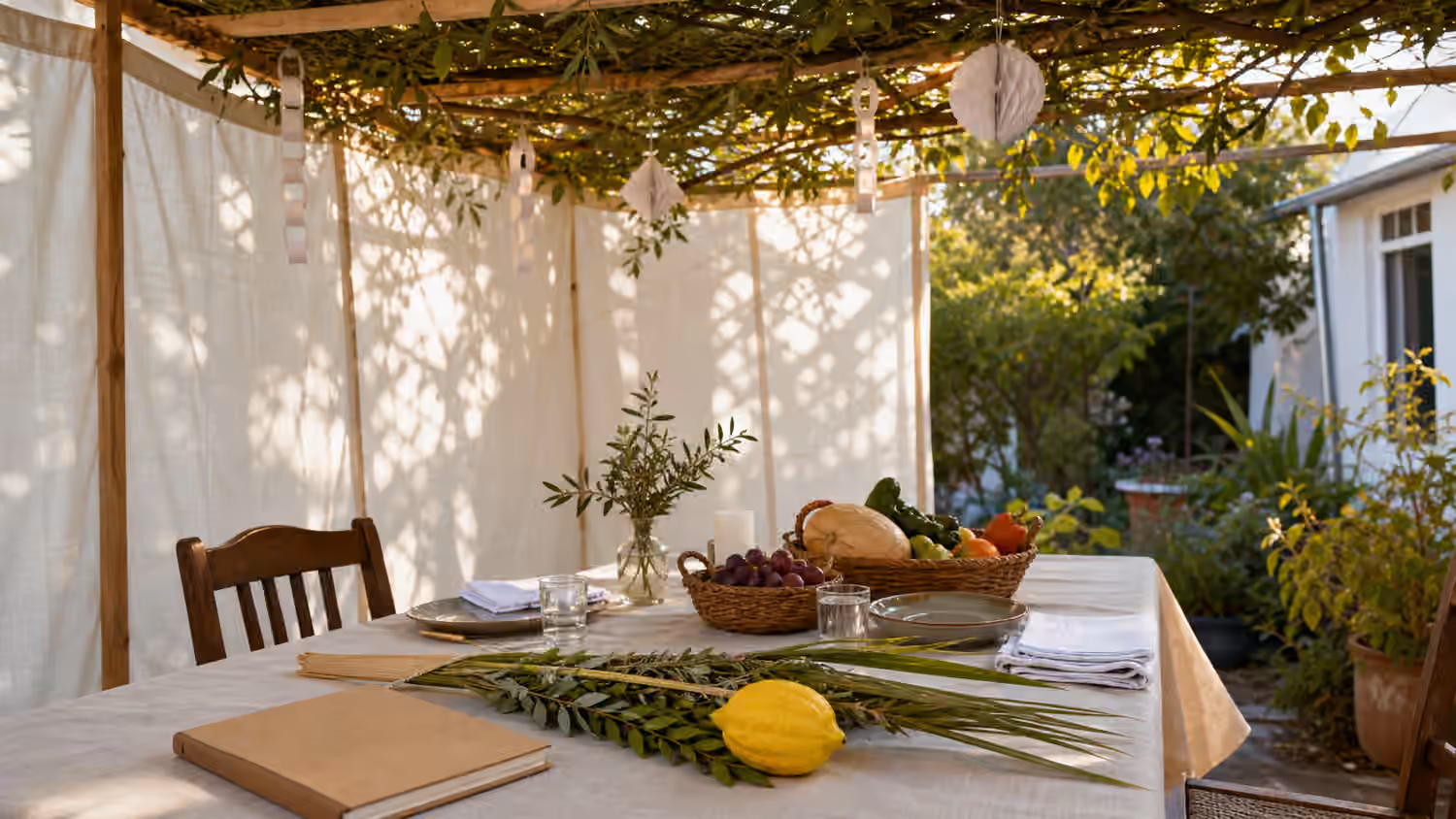 A backyard sukkah with leafy roof, a simple table, harvest vegetables, a yellow citrus fruit, and bundled branches.