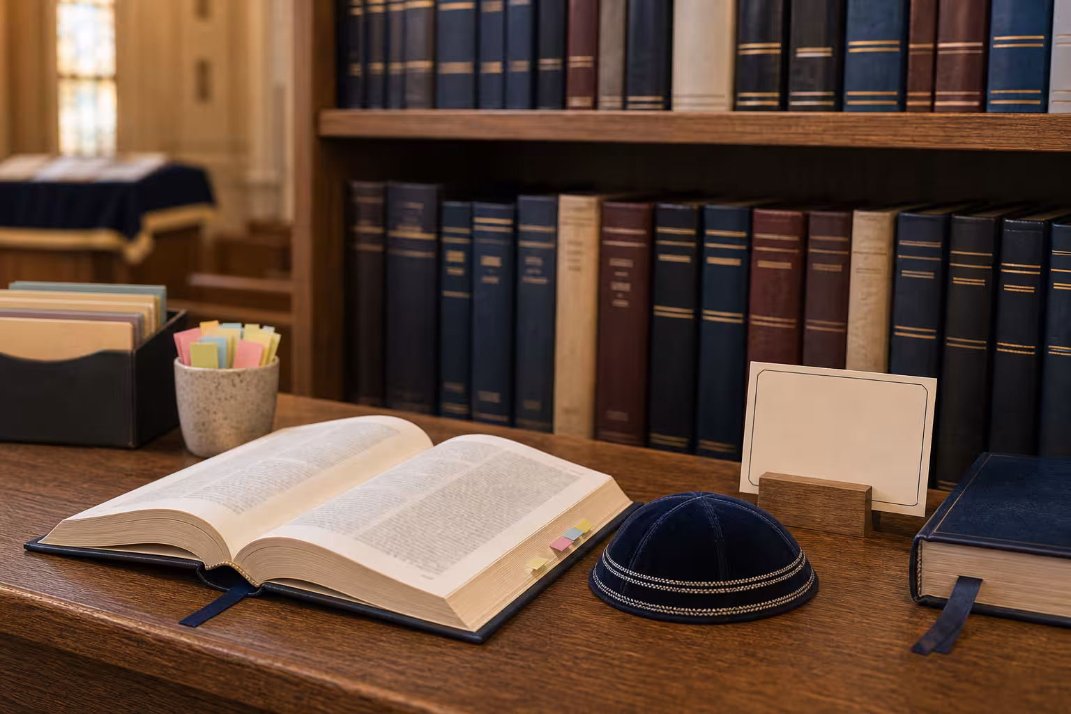 A synagogue bookshelf and siddur navigation scene with unreadable prayer book spines, open blurred pages, sticky tabs, kippah, and blank visitor card