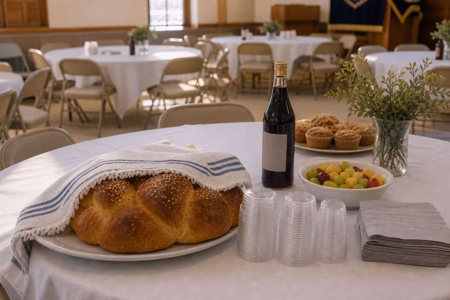 A synagogue social-room kiddush table with covered challah, small cups, blank grape juice bottle, pastries, folding chairs, and napkins before people enter