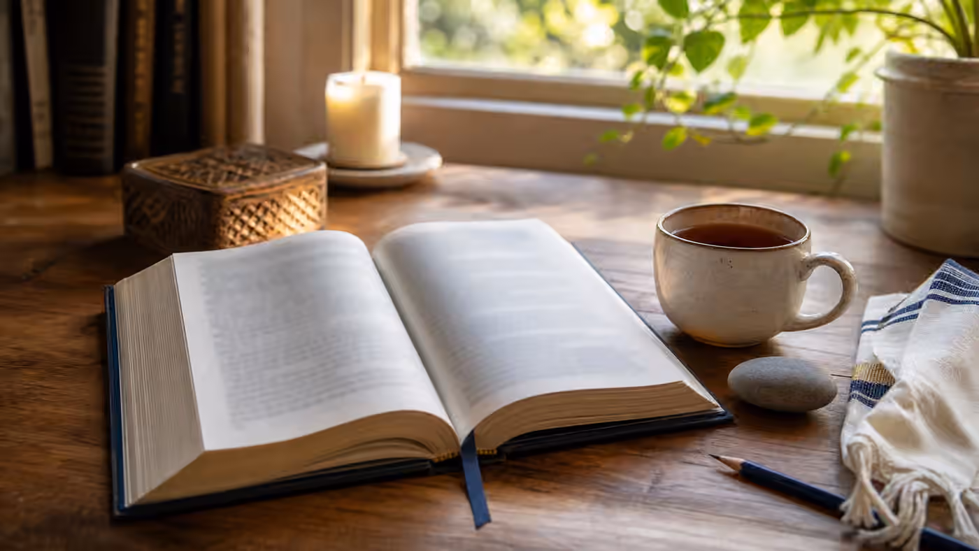 An open unreadable book with a bookmark, tea, pencil, smooth stone, folded cloth, and soft window light.