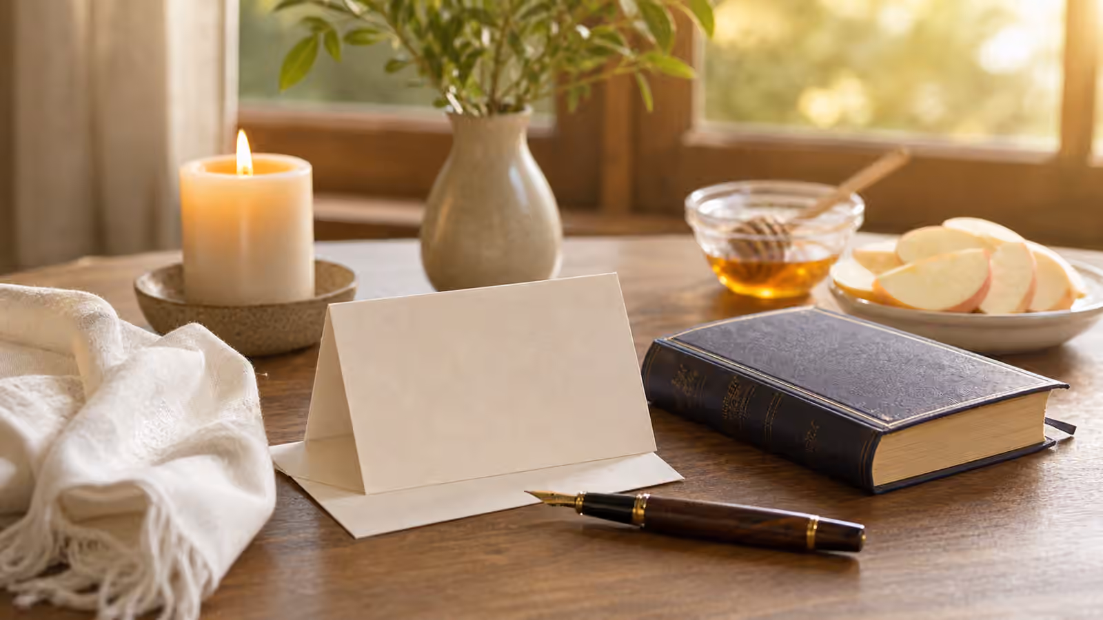 A quiet reflection desk with blank note card, pen, candle, apple slices, honey, white cloth, and a closed book.