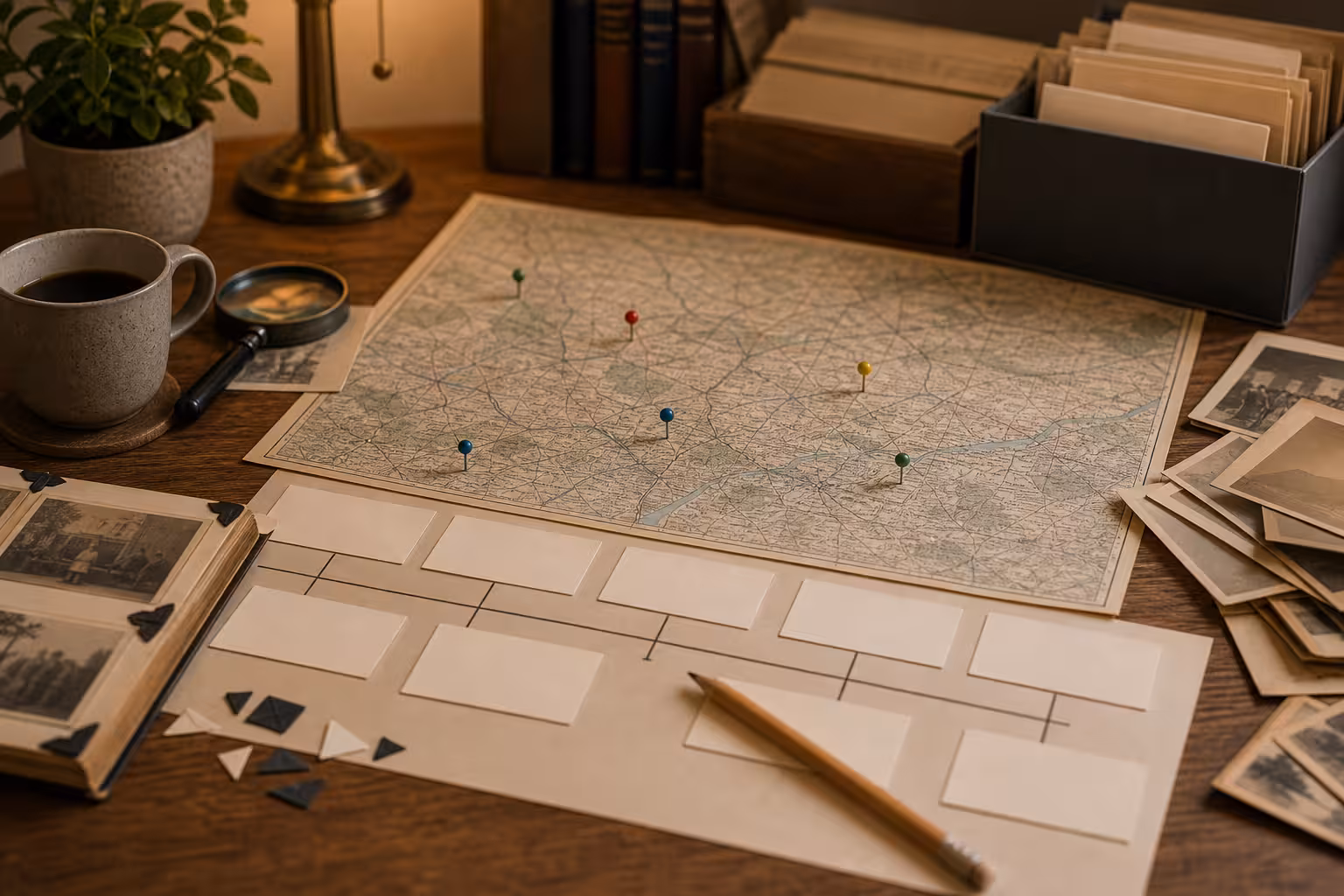 A town research map desk with an old-style unreadable map, colored pins, blank timeline cards, family photo corners, and pencil