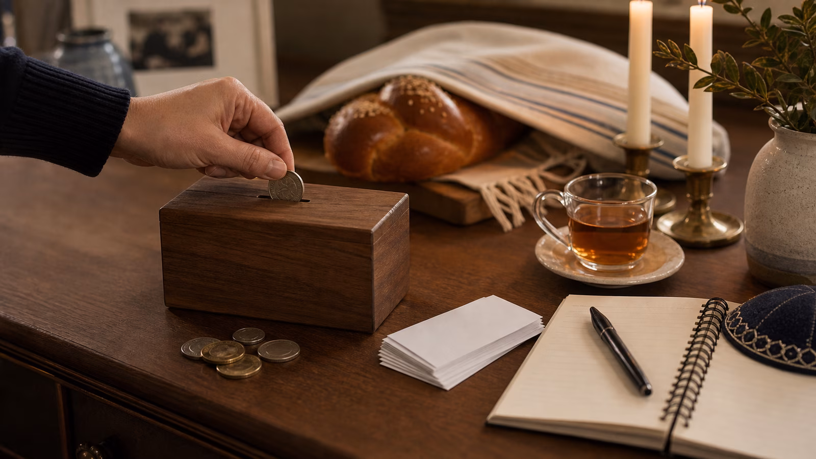 A hand places a coin into an unmarked wooden giving box on a warm home sideboard with covered challah, candles, blank cards, tea, and a notebook.