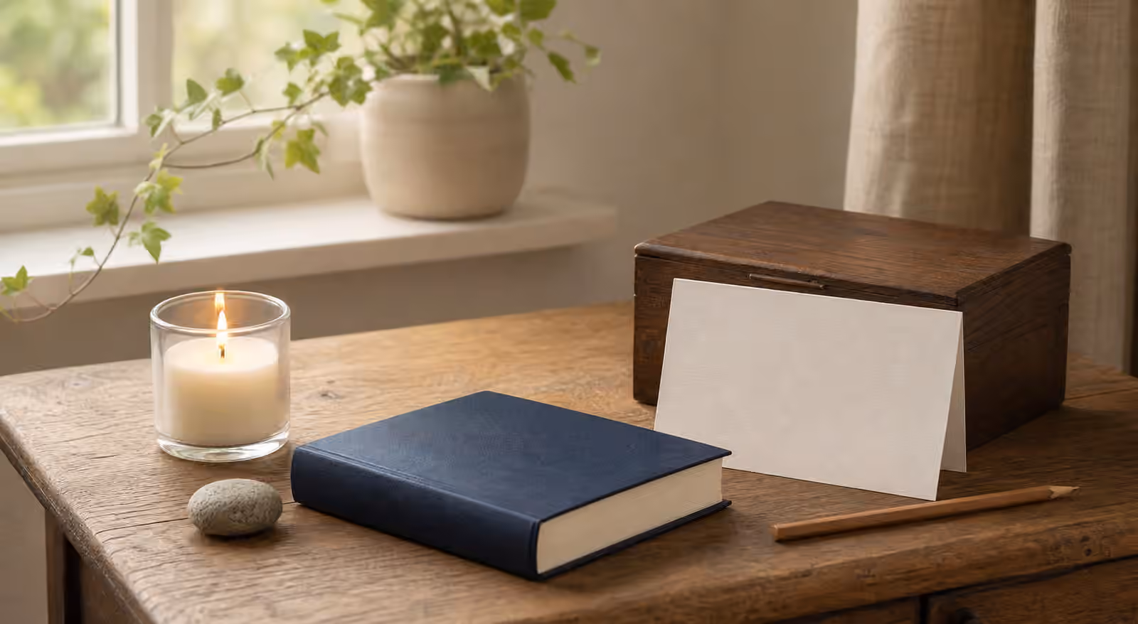 A quiet remembrance table with a lit memorial candle, smooth stone, closed prayer book, blank card, pencil, and wooden keepsake box.