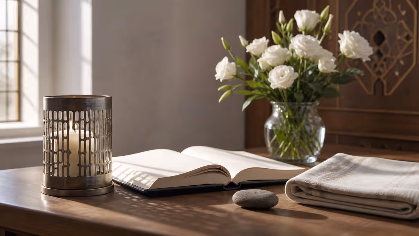 A quiet memorial table with a candle, prayer book, smooth stone, folded cloth, and white flowers.