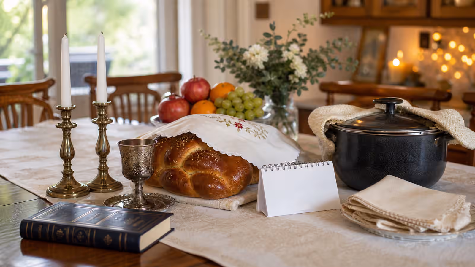 A festival preparation table with holiday candles, challah, cup, fruit, prayer book, calendar card, and covered pot.