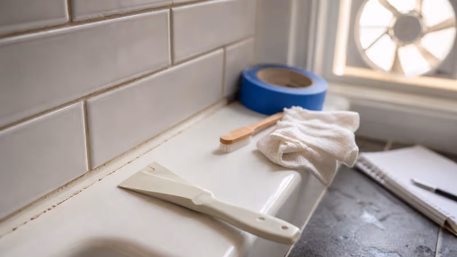 A bathroom caulk seam with scraper, tape, cloths, and a small brush near tile.