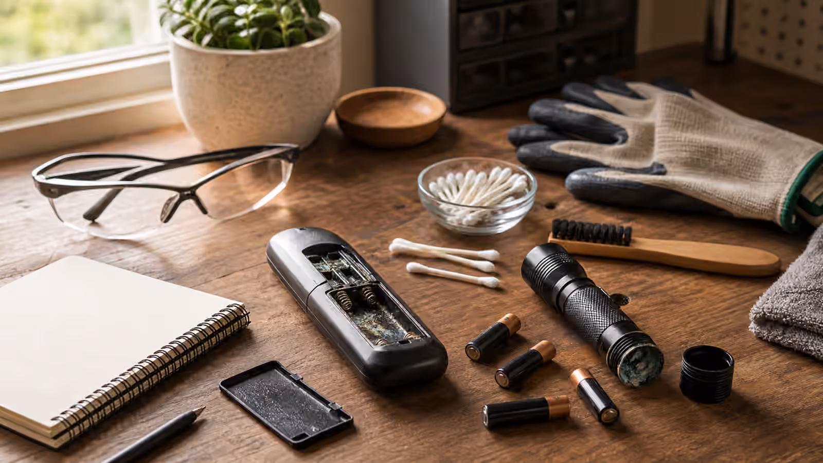 A generic remote and flashlight with open battery compartments, loose batteries, gloves, swabs, a brush, safety glasses, and a blank notebook.