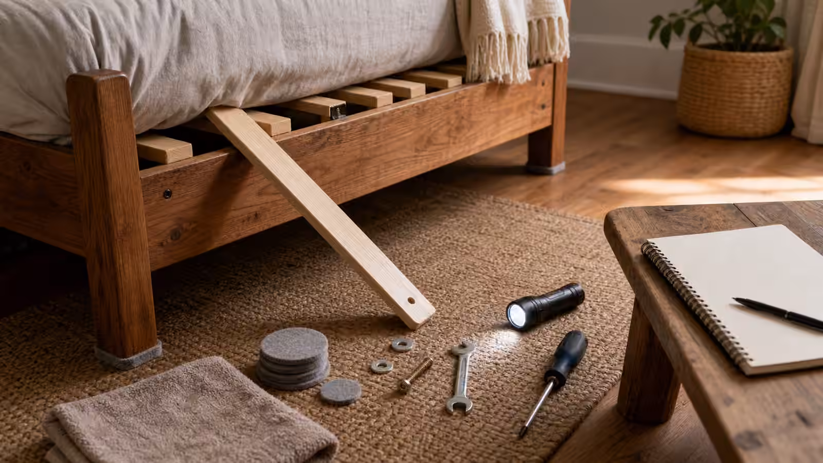 A wood bed frame corner with loose slat, felt pads, wrench, screwdriver, washers, flashlight, folded towel, and blank notebook nearby.