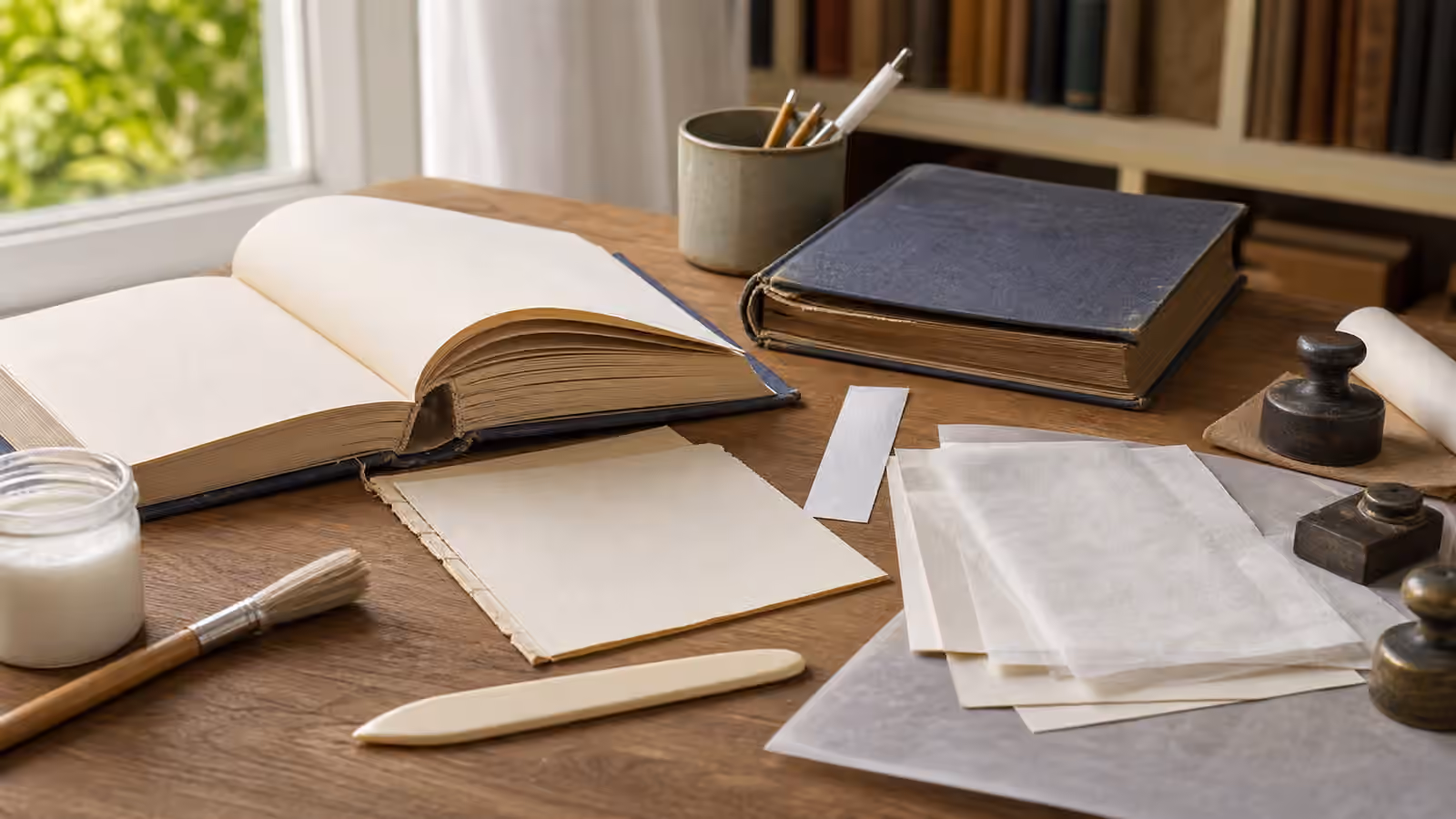 An open book with loose pages, repair paper, bone folder, brush, glue, and gentle weights.