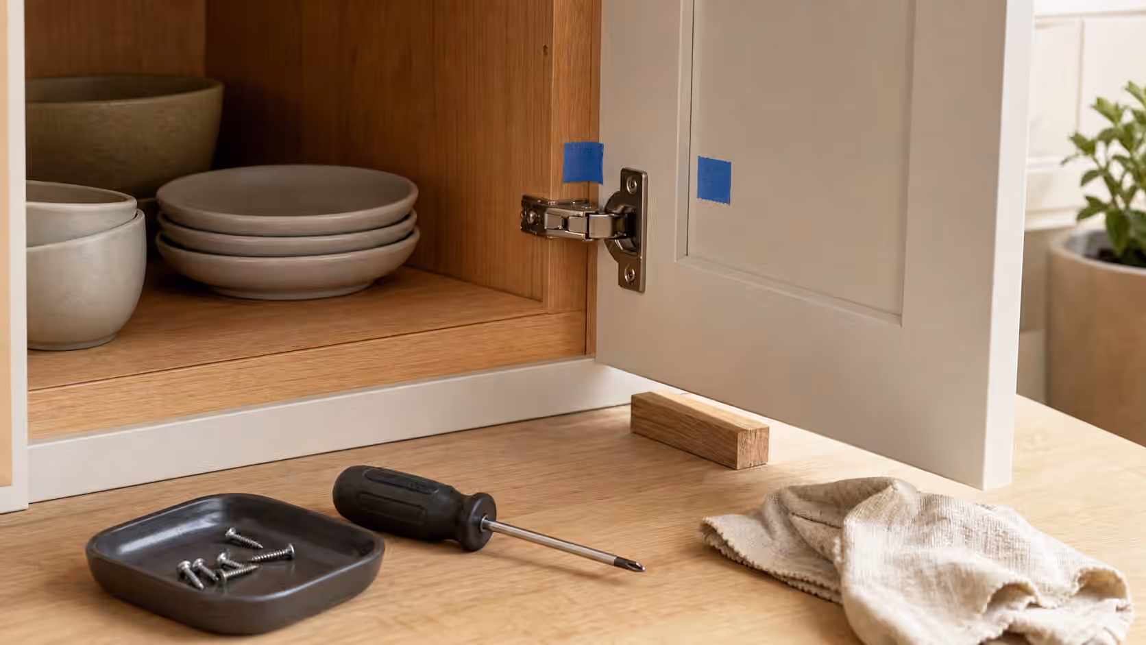 A kitchen cabinet door open on concealed hinges with a screwdriver, painter's tape, screws, and a small parts tray.