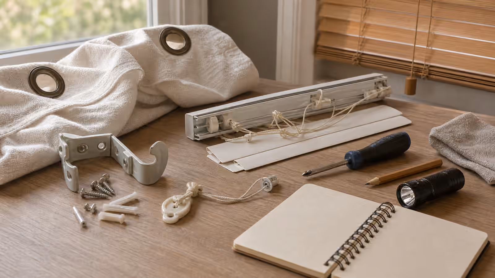 Curtain bracket, blind slats, track, screws, anchors, screwdriver, cord hardware, flashlight, and blank notebook.