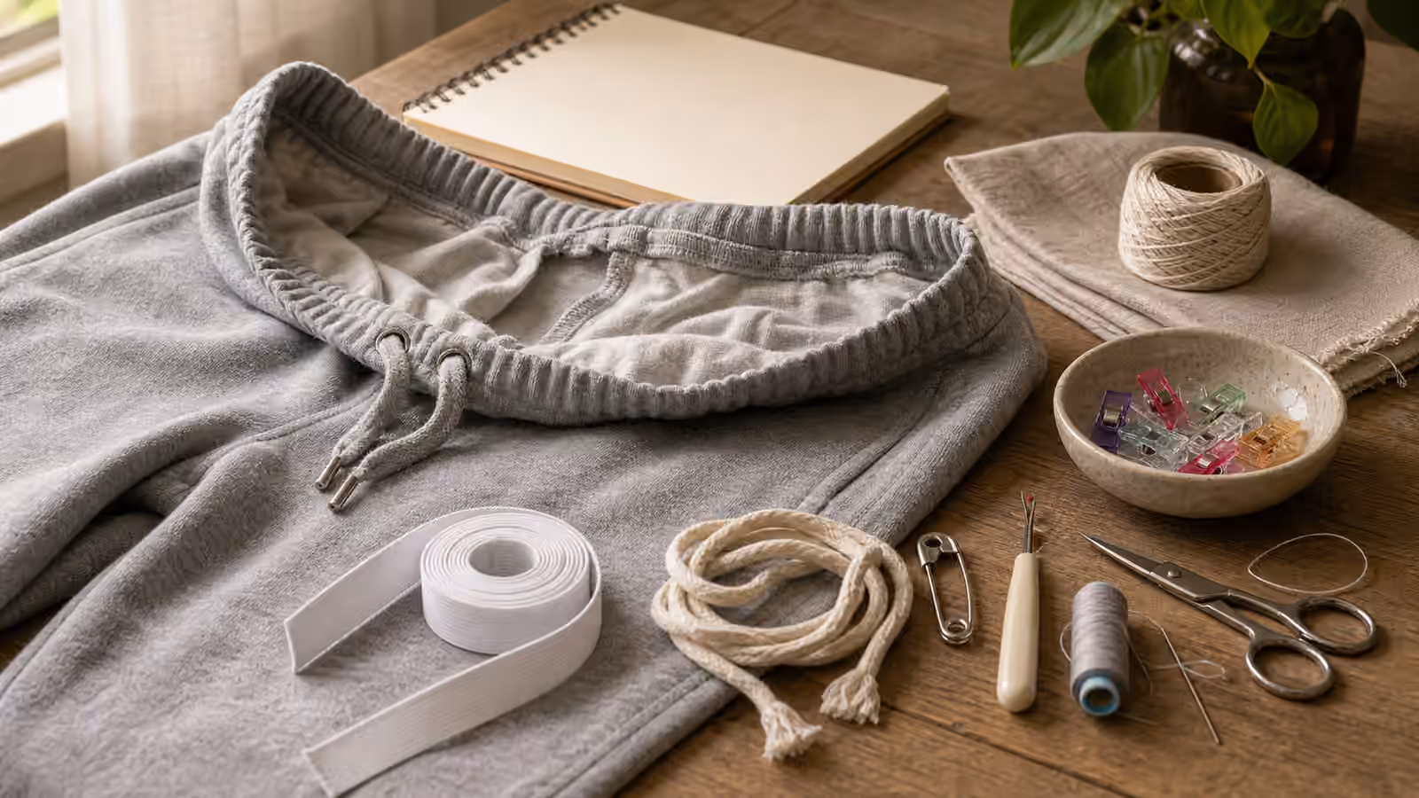 A soft waistband with elastic, drawstring, safety pin, seam ripper, clips, needle, thread, scissors, and blank notebook.