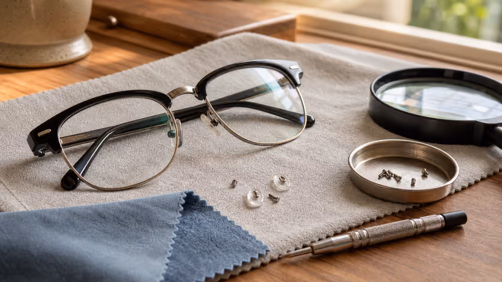 A pair of eyeglasses on a soft cloth with tiny screws, nose pads, precision screwdriver, lens cloth, and parts tray.
