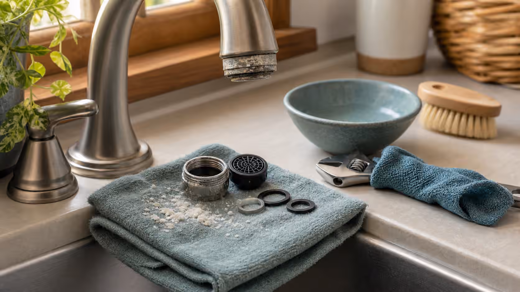 A sink faucet aerator, small wrench, cloth, bowl, brush, washers, and mineral scale on a tidy counter.