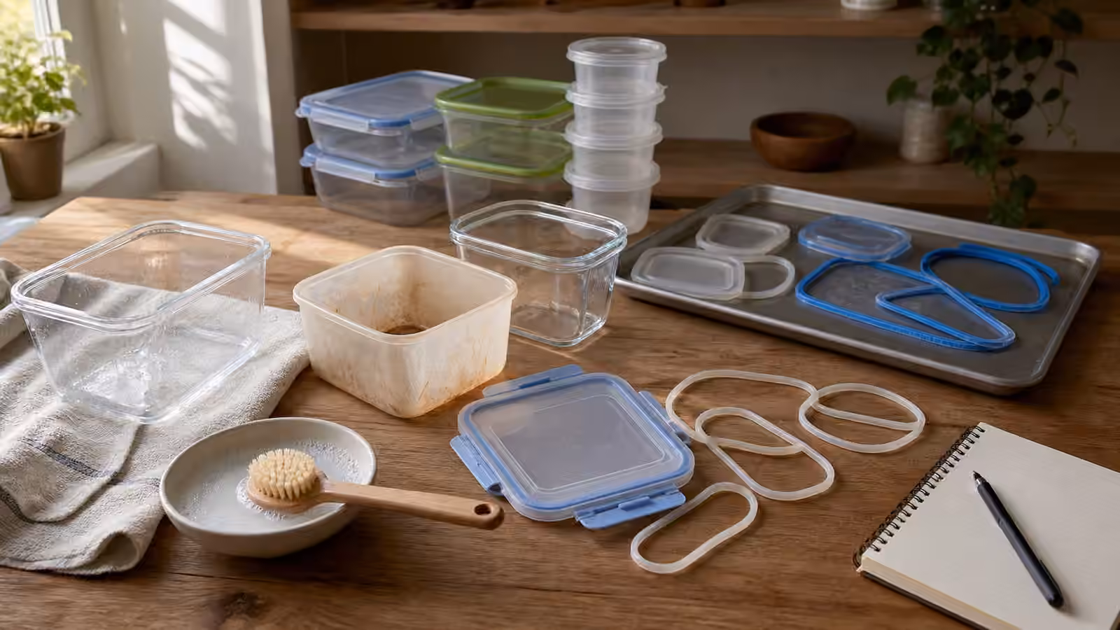 Reusable food containers and lids with removed silicone gaskets, soap bowl, brush, drying tray, towel, and blank notebook on a kitchen table.