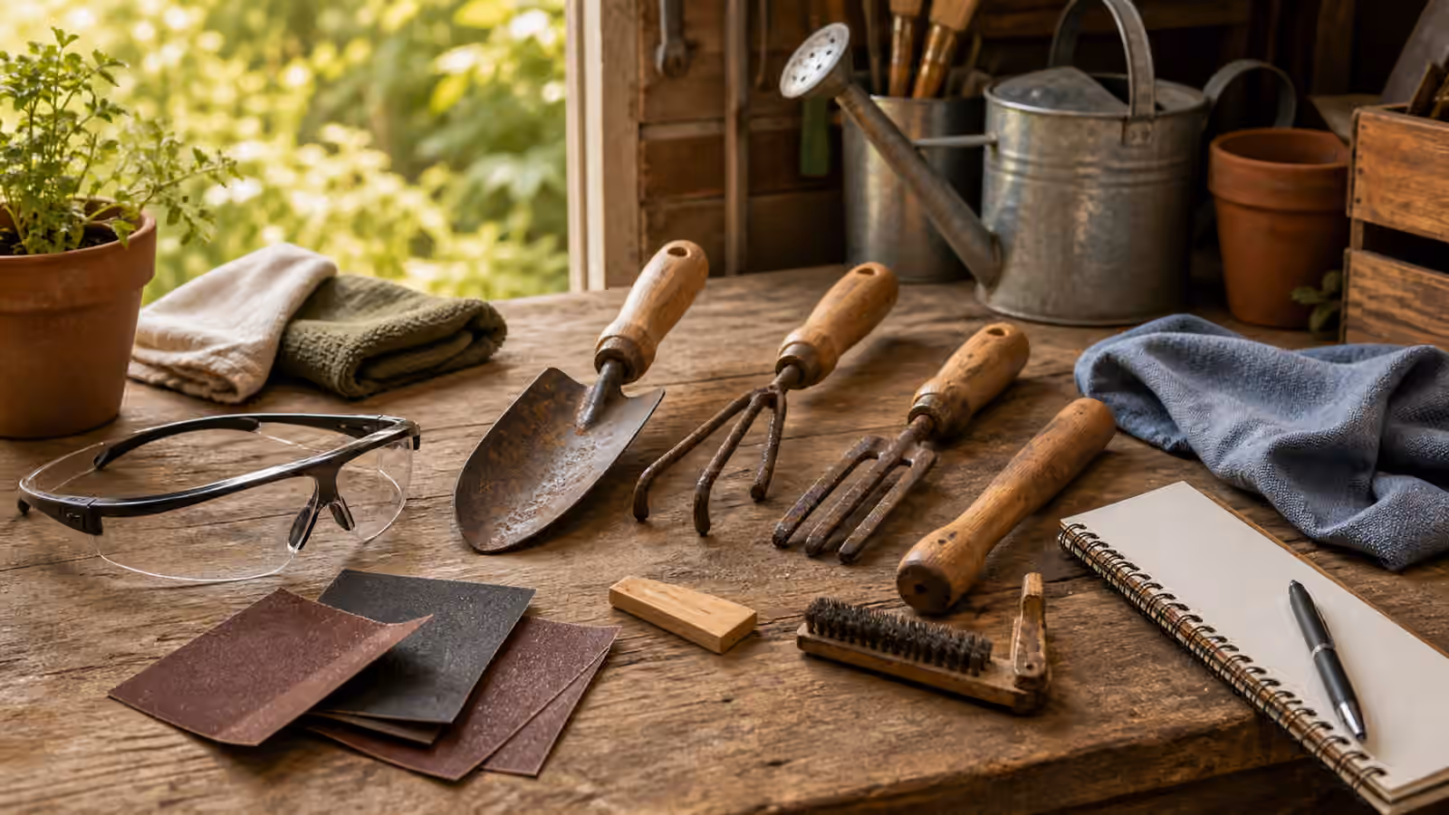 Garden hand tools with wooden handles, light rust, sandpaper, cloths, brush, safety glasses, a small wedge, and a blank notebook on a shed workbench.