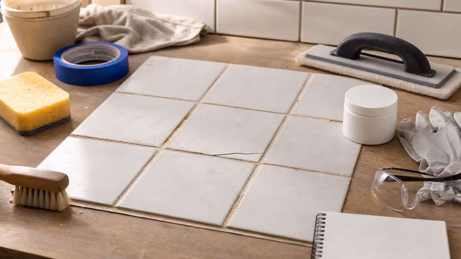 A tile sample board with stained and cracked grout, brush, sponge, tape, grout float, sealer container, gloves, and blank notebook.