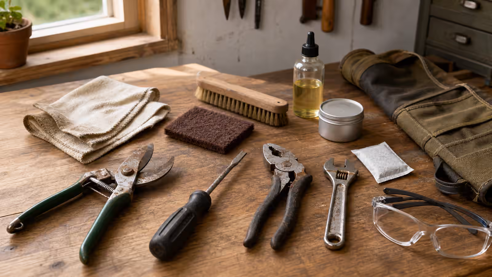 Lightly rusted pruners, screwdriver, pliers, wrench, cloth, brush, abrasive pad, oil bottle, tool roll, and safety glasses on a workbench.