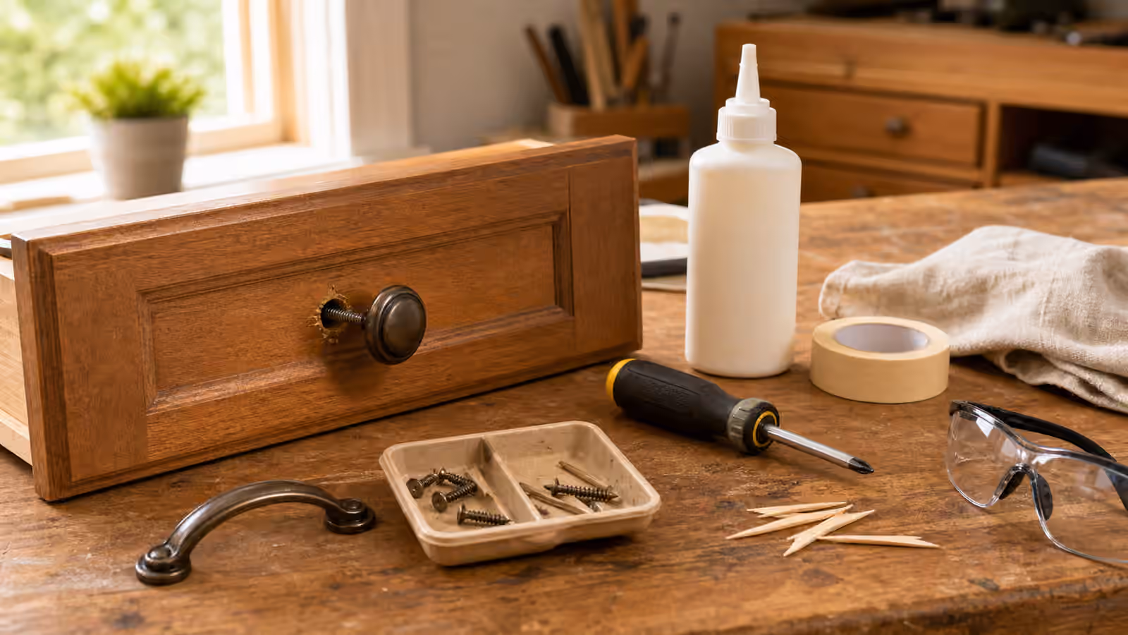 A repair bench with a drawer front, loose knob, handle, screws, screwdriver, tape, cloth, and safety glasses.