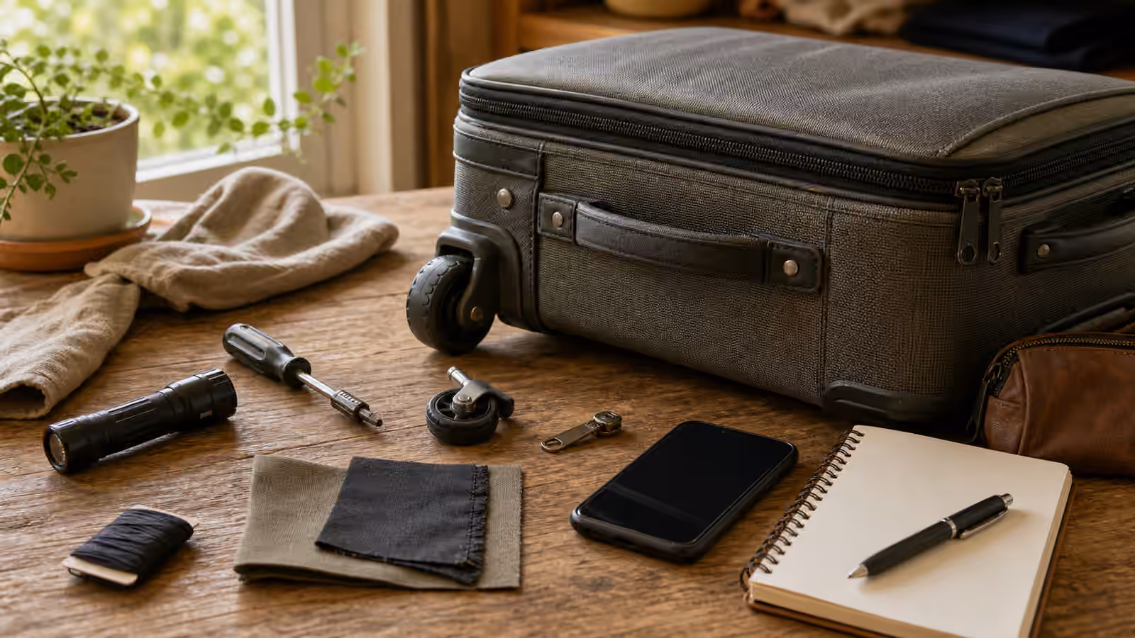 A rolling suitcase on a worktable with a visible wheel, small screwdriver, replacement wheel, zipper pull, patch fabric, flashlight, phone, and blank notebook.
