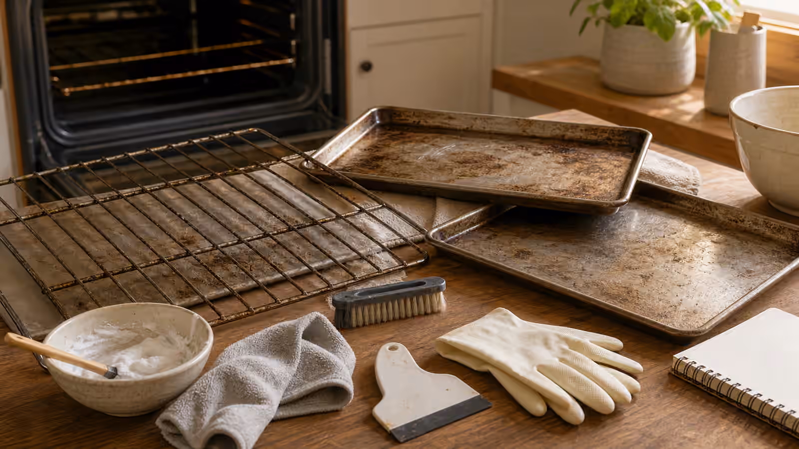 Used oven racks and baking sheets with brush, scraper, gloves, cloth, bowl, and blank notebook.