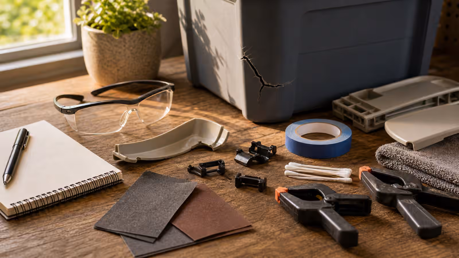 A cracked plastic bin, small plastic parts, clamps, tape, cotton swabs, sandpaper, safety glasses, and a blank notebook on a workbench.