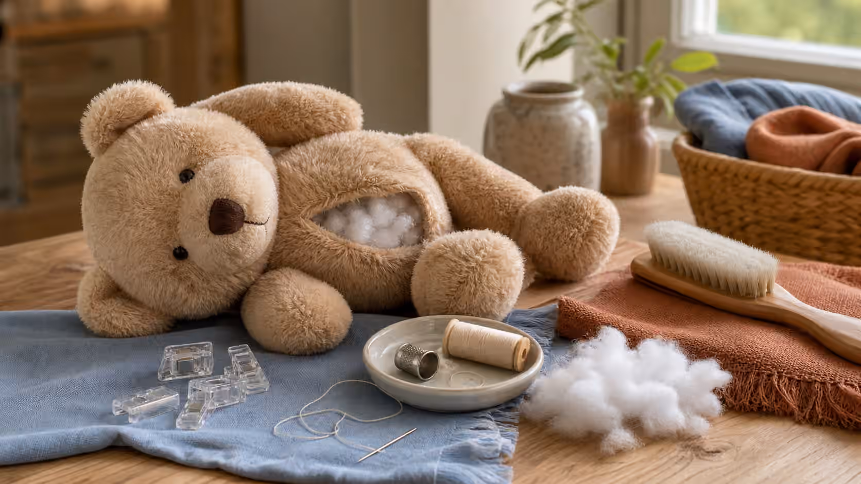 A soft plush toy on a sewing table with thread, needle, stuffing, clips, cloth, and a small brush.