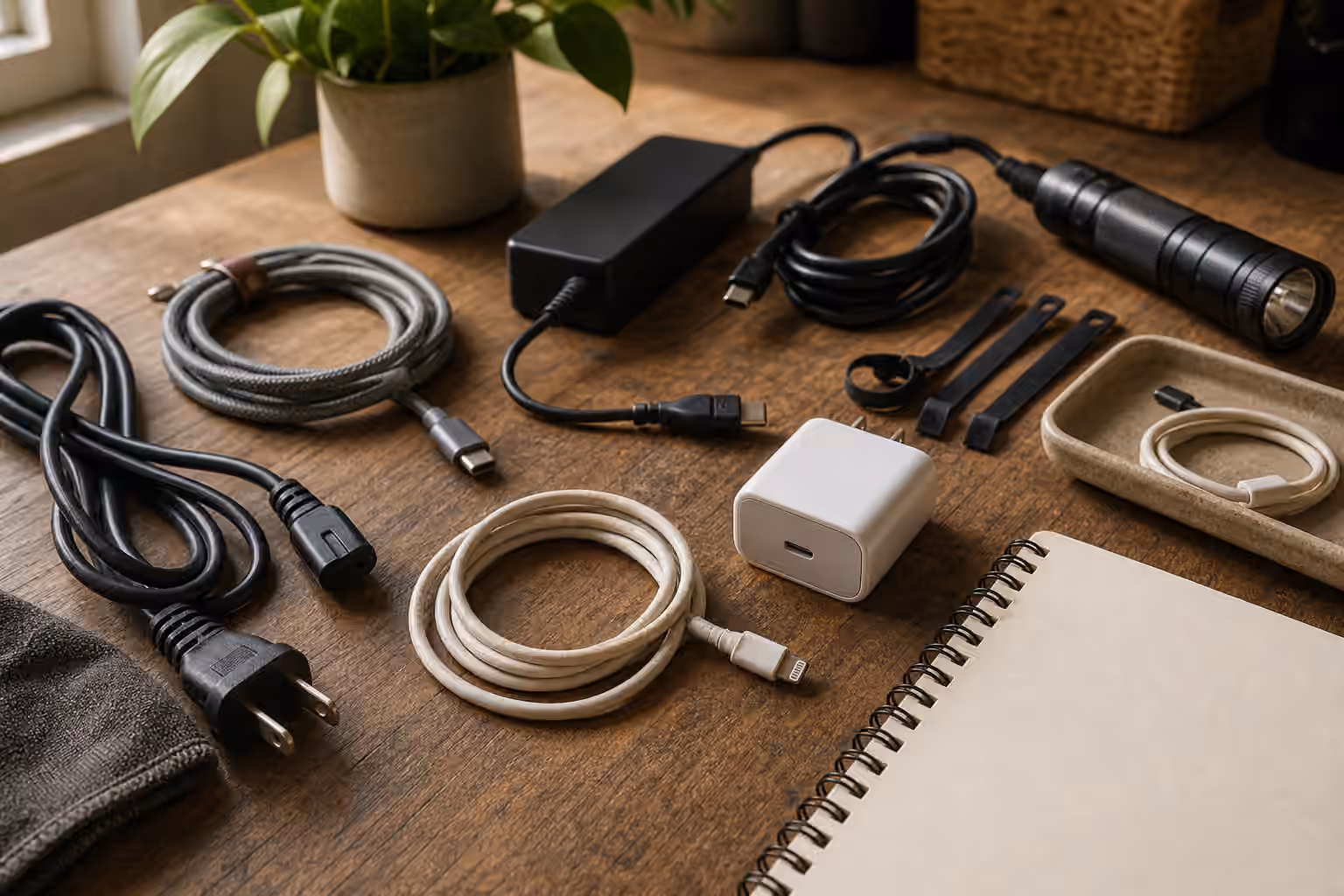 Unplugged cords and chargers with cable ties, flashlight, cloth, tray, and blank notebook on a table.