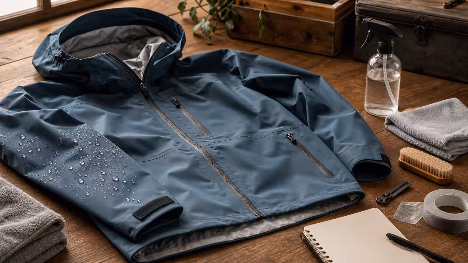 A rain jacket spread flat with water droplets, brush, cloth, zipper pull, seam tape sample, spray bottle, towel, and blank notebook.