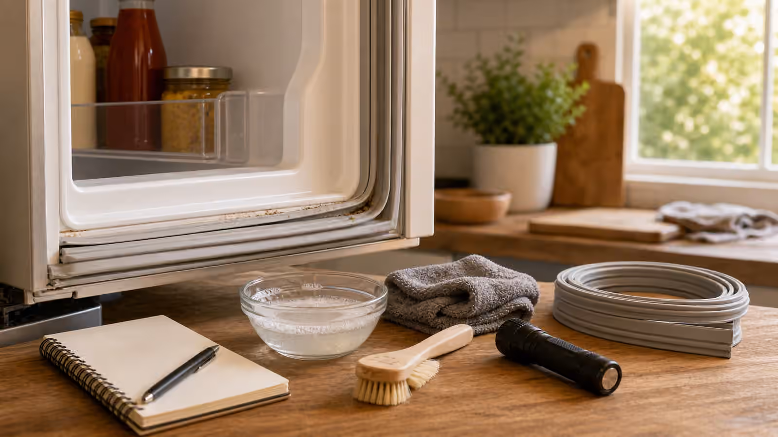 An open refrigerator door gasket with crumbs, a small brush, cloth, mild soapy water, flashlight, replacement gasket coil, and a blank notebook.