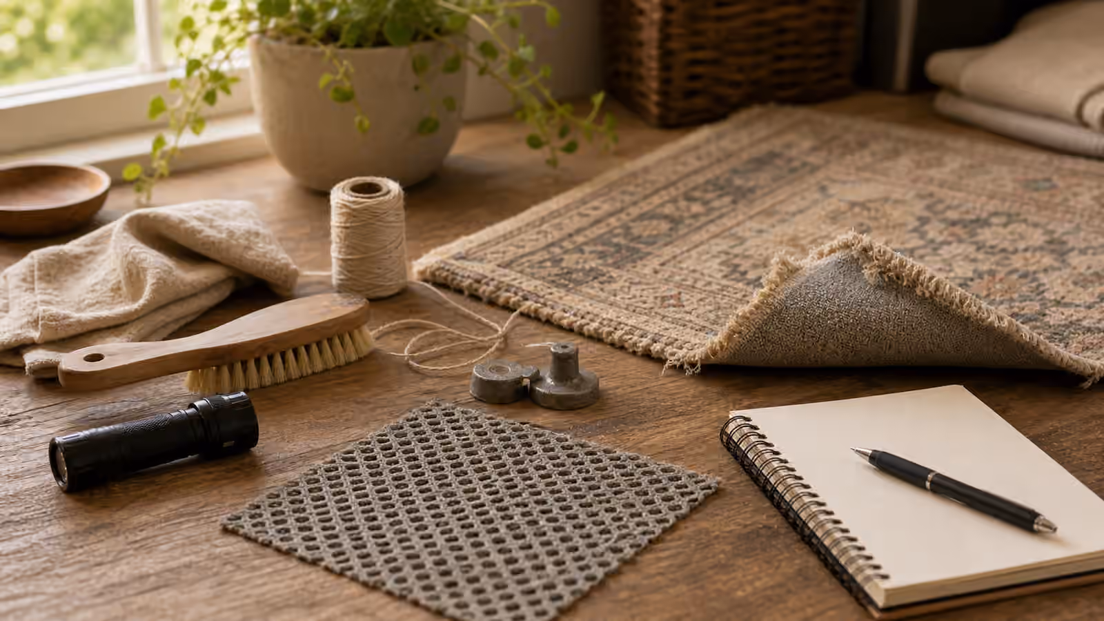 A small woven rug with a frayed edge and curled corner, nonslip pad sample, brush, cloth, thread, weights, flashlight, and a blank notebook.