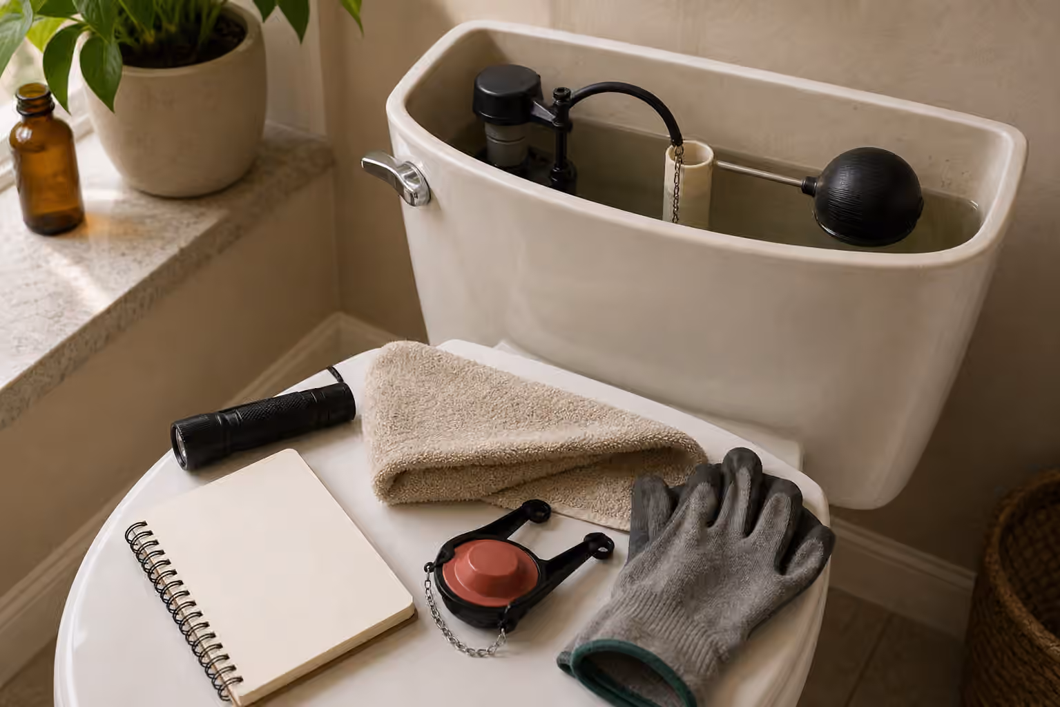 An open toilet tank with flapper, chain, float, flashlight, gloves, towel, and blank notebook.