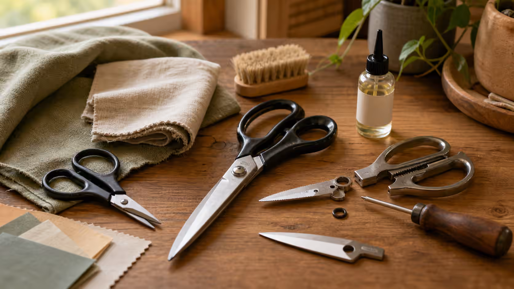 Several plain scissors and shears on a workbench with cloth, brush, oil, screwdriver, and cut paper samples.