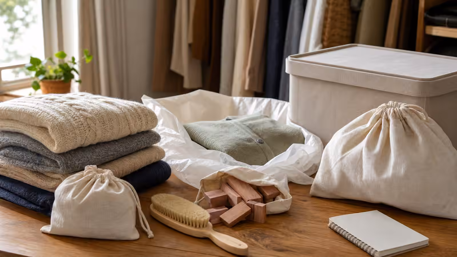 Folded sweaters, breathable storage bags, cedar blocks, a garment brush, tissue paper, storage bin, and blank notebook on a home worktable.