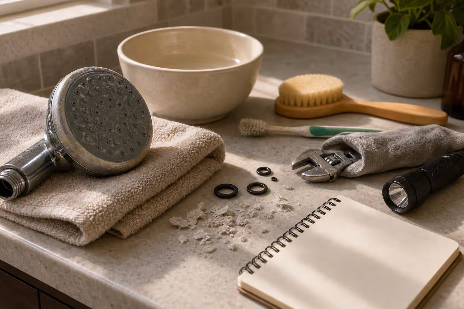 A showerhead with mineral scale beside a bowl, brush, towel, washers, wrench, flashlight, and blank notebook.