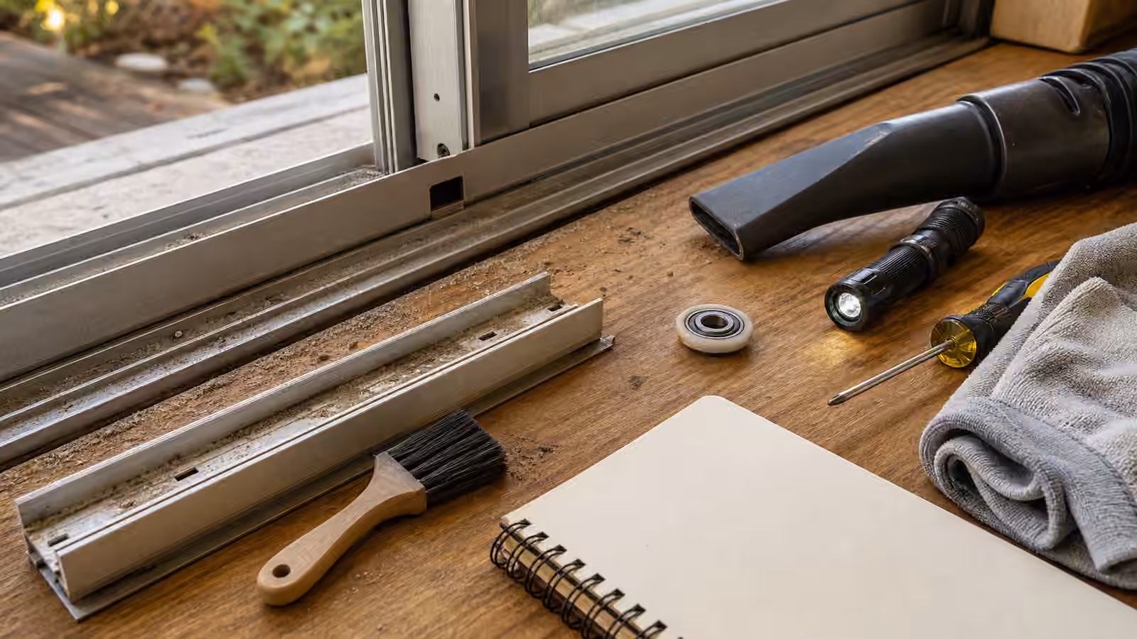 Sliding door and window track samples with grit, brush, crevice tool, cloth, roller wheel, screwdriver, flashlight, and blank notebook.