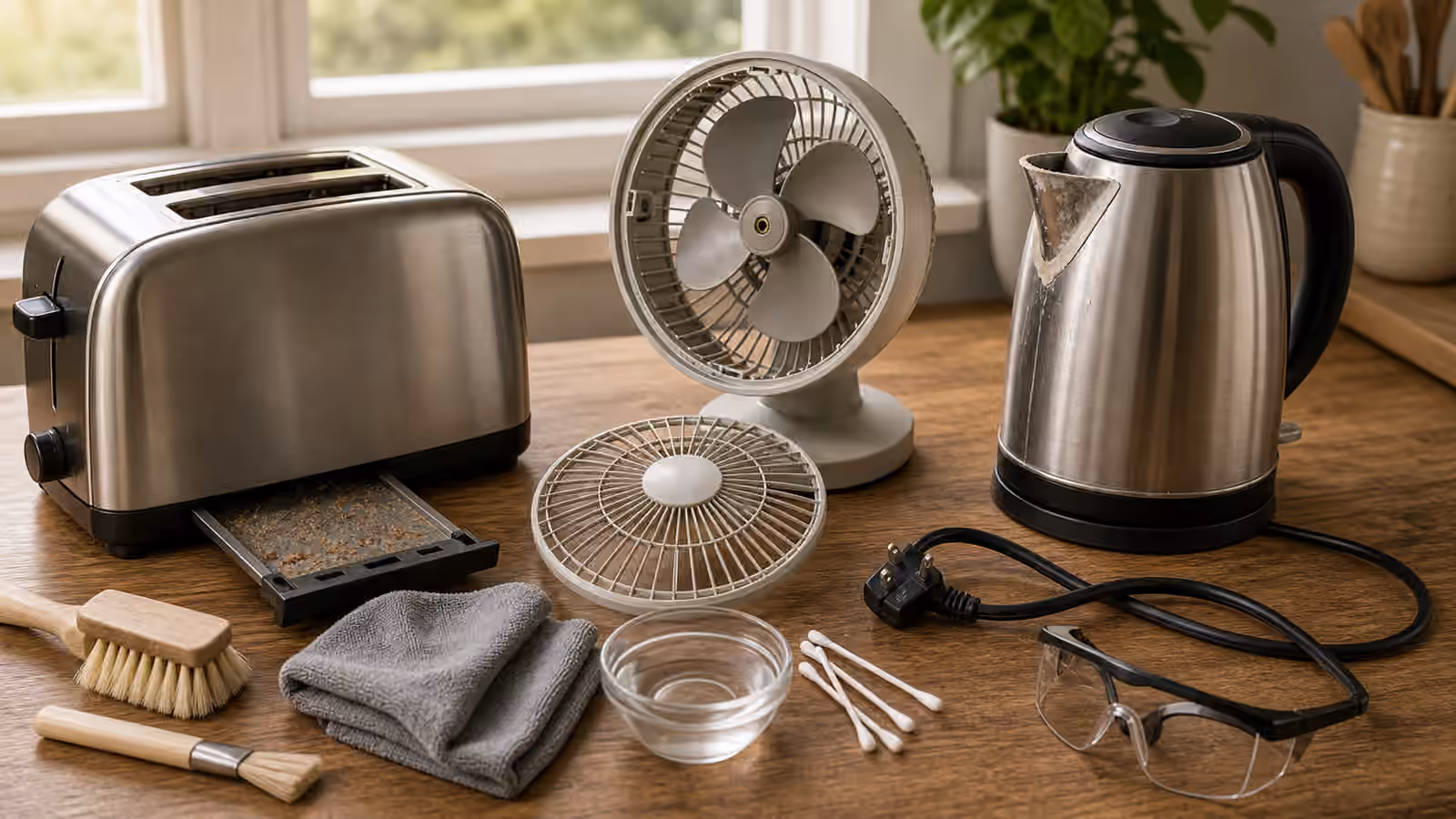 An unplugged toaster, small fan, kettle, brushes, cloth, cotton swabs, cord, bowl, and safety glasses on a kitchen worktable.