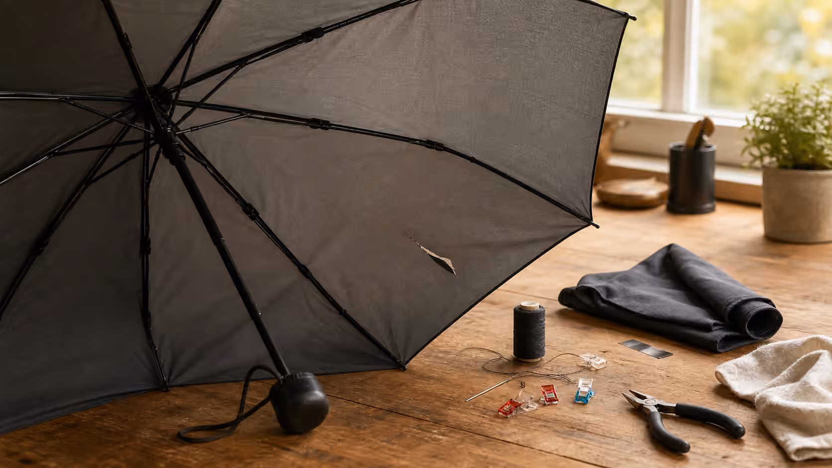 A plain umbrella partly open on a workbench with ribs, canopy fabric, thread, small pliers, cloth, and repair tape.