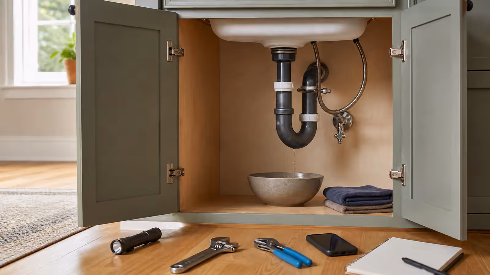 An open sink cabinet with a P-trap dripping into a bowl, towels, flashlight, pliers, wrench, phone, and blank notebook.